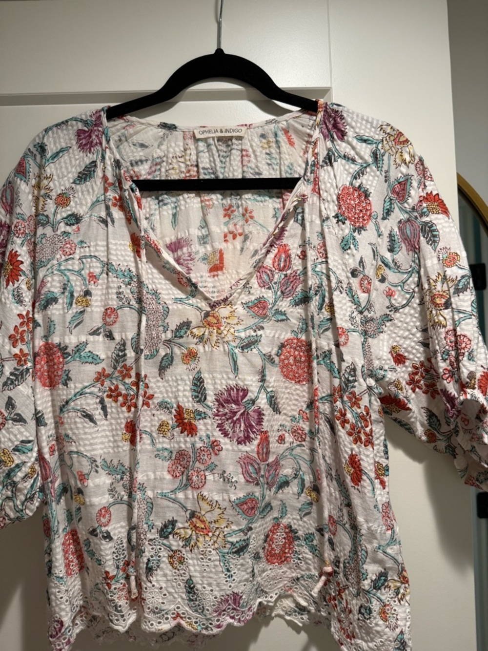 Ophelia & Indigo White Floral V-Neck Eyelet Peasant Blouse